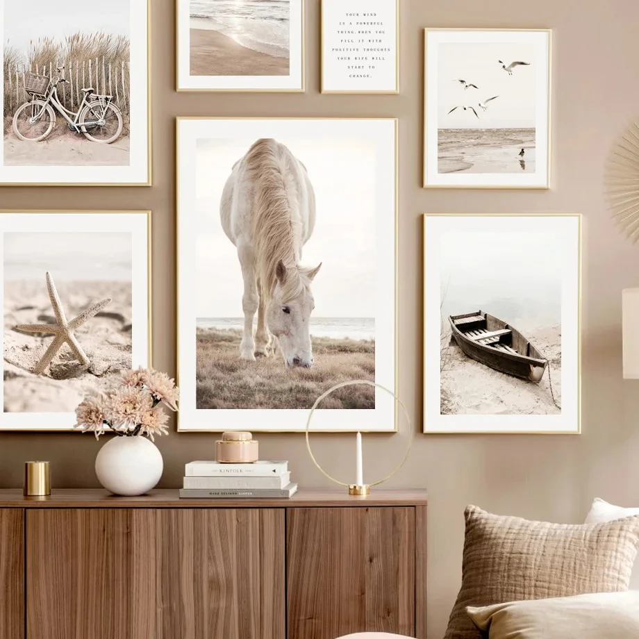 

Лодка лошадь тростник бежевый пейзаж настенное искусство, картины на холсте, скандинавские плакаты, декор велосипедных морских стен, картина маслом, декор гостиной