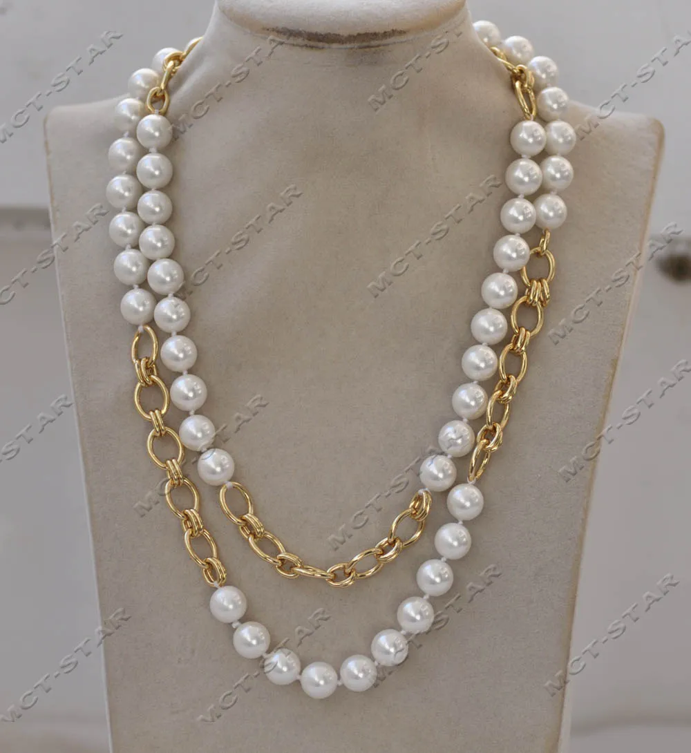 

MTC·STAR Z13109 38'' 10mm Round White South Sea Shell Pearl Gold Plated Chain Necklace