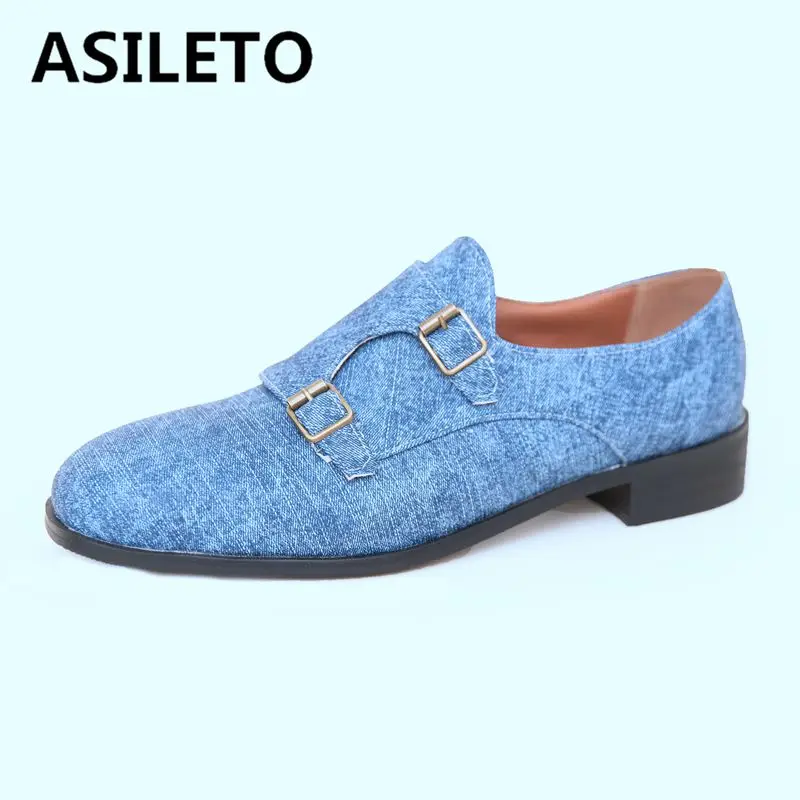

ASILETO Design Casual Women Flats 33 Denim Square Toe Slip On Spring Leisure Daily Shoes Plus Size 43 44 45 Metal Decoration