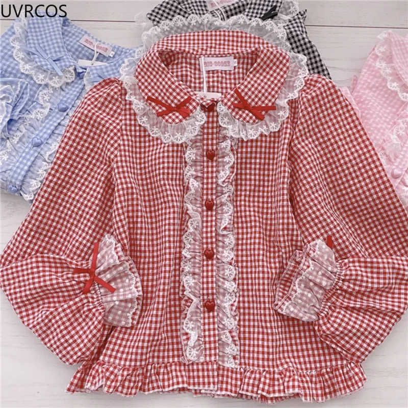 

Women Preppy Style Sweet Lolita Blouses Cute Bow Lace Ruffles Plaid Shirt Gothic Girly Kawaii Long Sleeve Harajuku Blusas Mujer