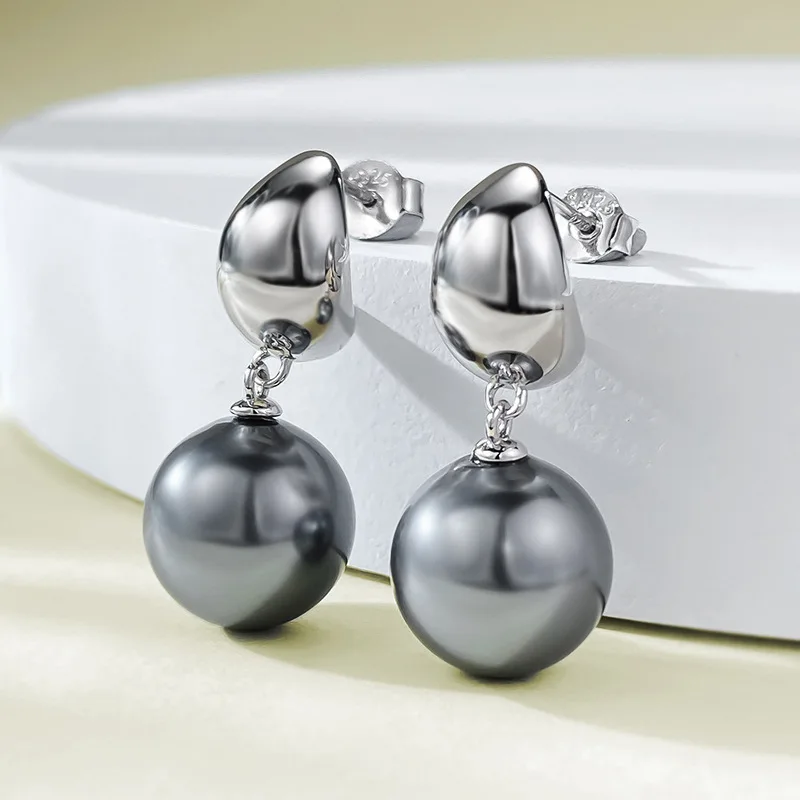 

S925 Silver Glow Gold Faced Precision Crafted Pearl Set 12mm Shell Bead Earrings, European and American Fashionable and Simple