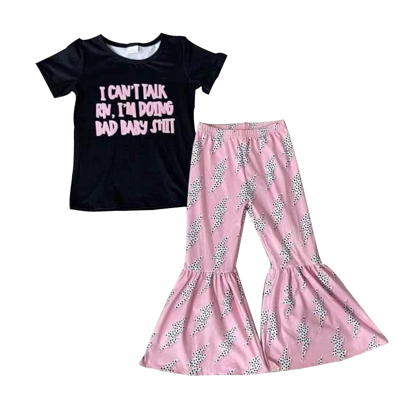 Kid Girl Outfits Black Short Sleeve Round Neck Letter Printed T-Shirt Bell-Bottom Trousers 
Kid Girl Outfits Black Short Sleeve Round Neck Letter Printed T-Shirt Bell-Bottom Trousers