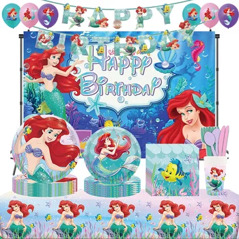 Disney Mermaid Ariel Princess Party Decor Girls Birthday Tableware Paper Plate Cup Napkins Table Cloth Happy Birthday Gift