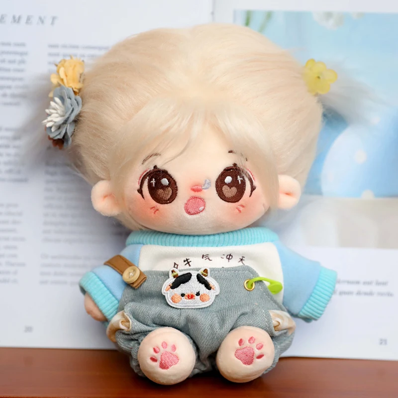 

20cm Kawaii Plush Cotton Doll Idol Stuffed Super Star Figure Dolls Cute Cow Overalls Suit Girl Baby Doll Can Change Clothes Gift