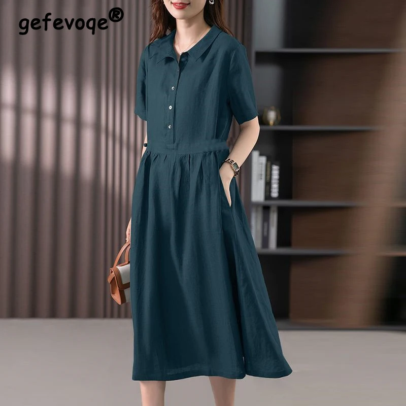 Women Summer Fashion Solid Short Sleeve Loose Elegant Party Dresses Casual Pleated Pockets Cotton Linen Midi Shirt Dress Vestido
Women Summer Fashion Solid Short Sleeve Loose Elegant Party Dresses Casual Pleated Pockets Cotton Linen Midi Shirt Dress Vestido