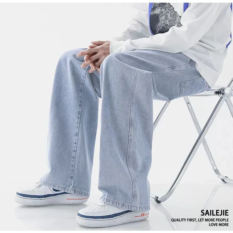 بنطلون جينز رجالي كاجوال واسع الساق بلون أزرق فاتح بتصميم عتيق على الطراز الأمريكي، بنطلون دينيم فضفاض بقصة مستقيمة للمراهقين بنطلون جينز رجالي كاجوال واسع الساق بلون أزرق فاتح بتصميم عتيق على الطراز الأمريكي، بنطلون دينيم فضفاض بقصة مستقيمة للمراهقين