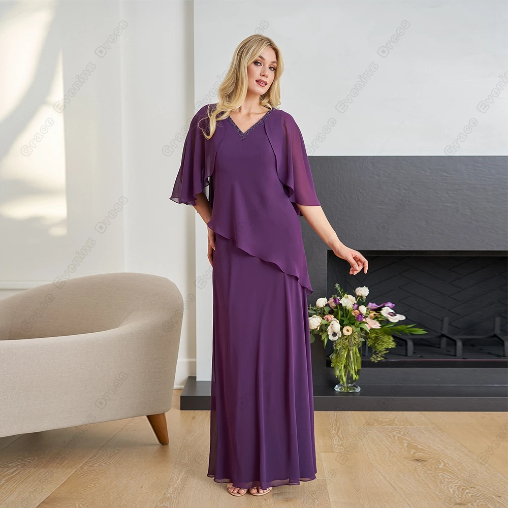 Purple Chiffon Mother of Bride Dresses Half Sleeve Floor Length Elegant Wedding Party Gown 2023 New V Neck Vestido De Noche
Purple Chiffon Mother of Bride Dresses Half Sleeve Floor Length Elegant Wedding Party Gown 2023 New V Neck Vestido De Noche