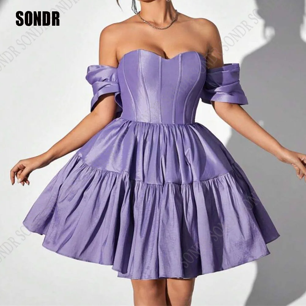 

SONDR Purple Short A Line Satin Evening Dresses Short Sleeves Formal Party Gowns Dubai Arab Porm Dress 2024 Vestidos De Ache