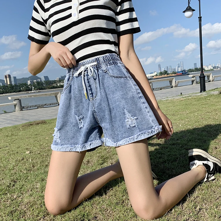 

New Women 2024 Summer Fashion High Waist Broken Denim Shorts Female Wide Leg Loose Short Pants Ladies Pockets Jean Shorts H156