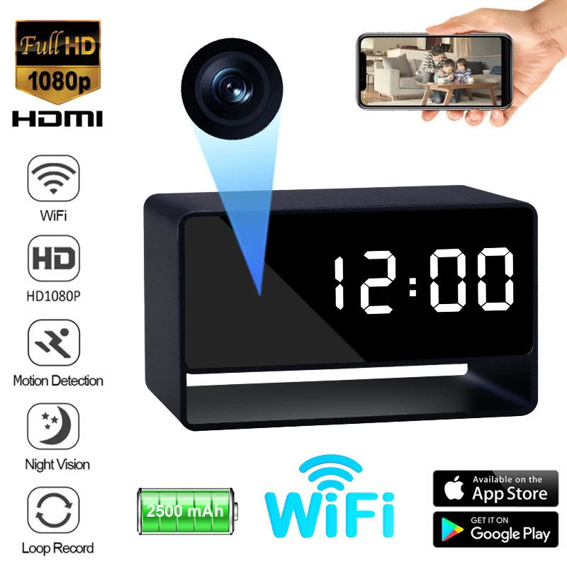 

Full HD Digital Clock Cameras Night Vision App Wifi Remote Monitoring Motion Detection Auto Loop Recording Mini Home Camcorder