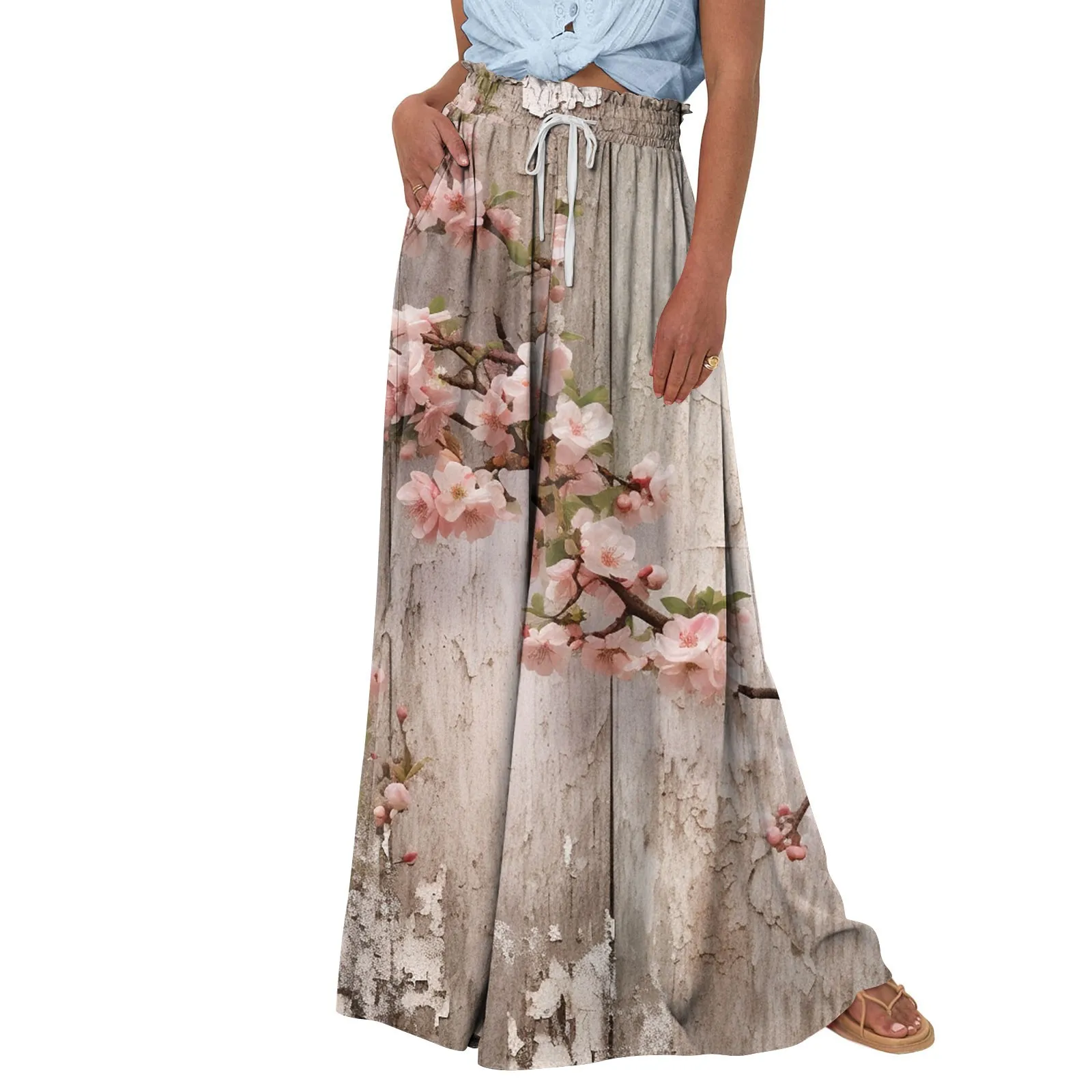 

Women High Waisted Wide Leg Pants Summer Casual Flowy Palazzo Pants Floral Print Beach Trousers With Pocket Elegant Pants Woman