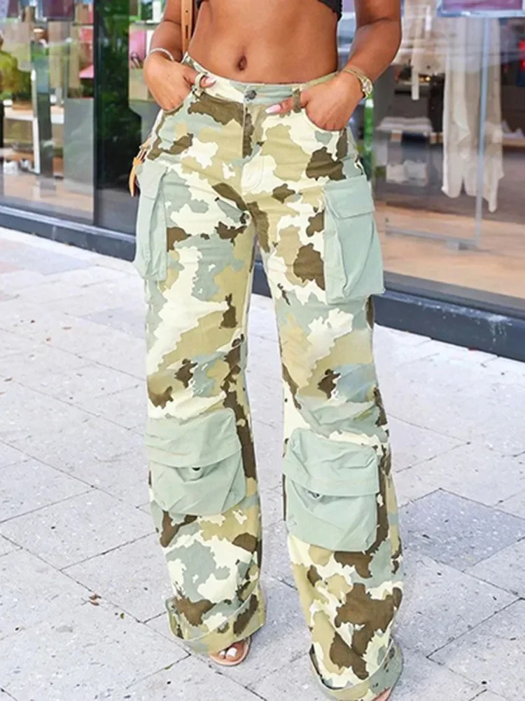 

Camo Camouflage High Waisted Cargo Pants Y2k Vintage Clothes For Girls Straight Wide Leg Trousers With Multi-Pockets Streetwear