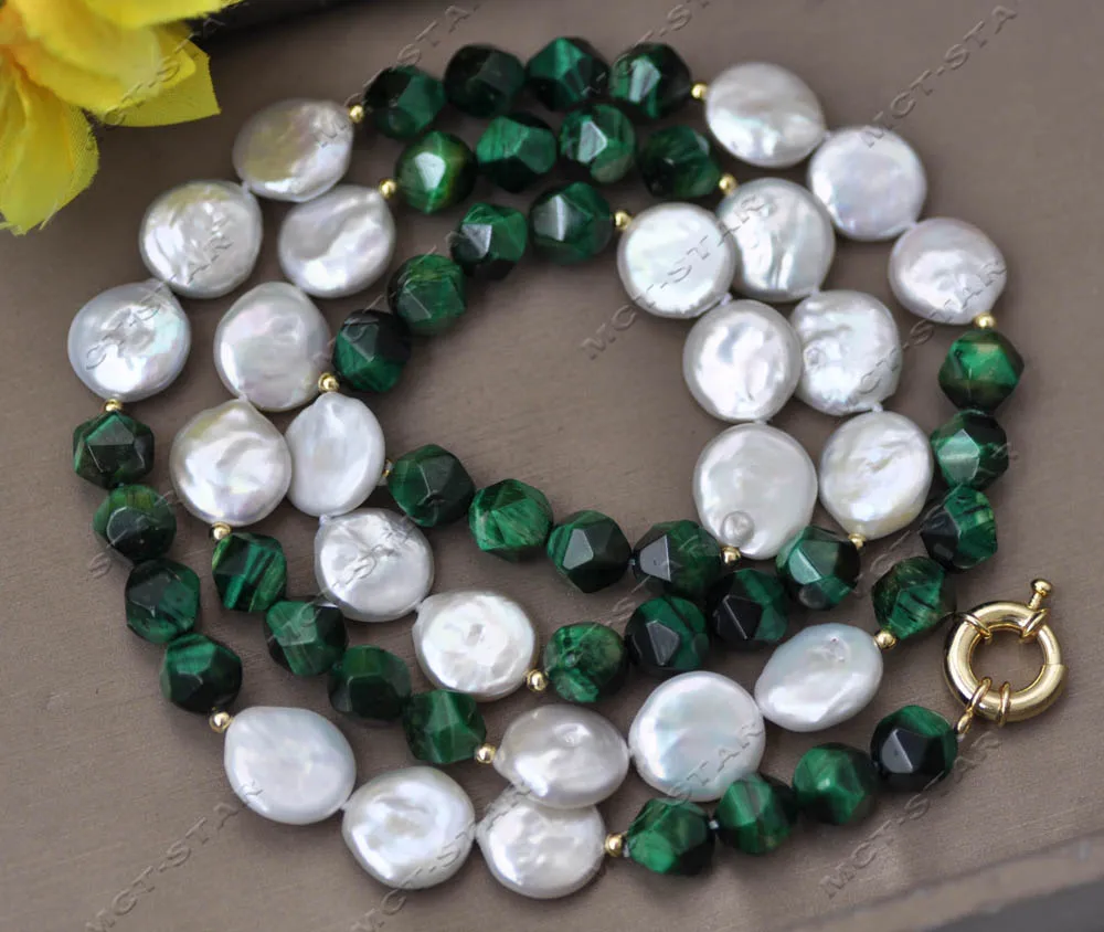 

Z13233 32" 15mm White Coin Freshwater Pearl Green Faceted Tiger's-Eye Necklace Custom Jewelry