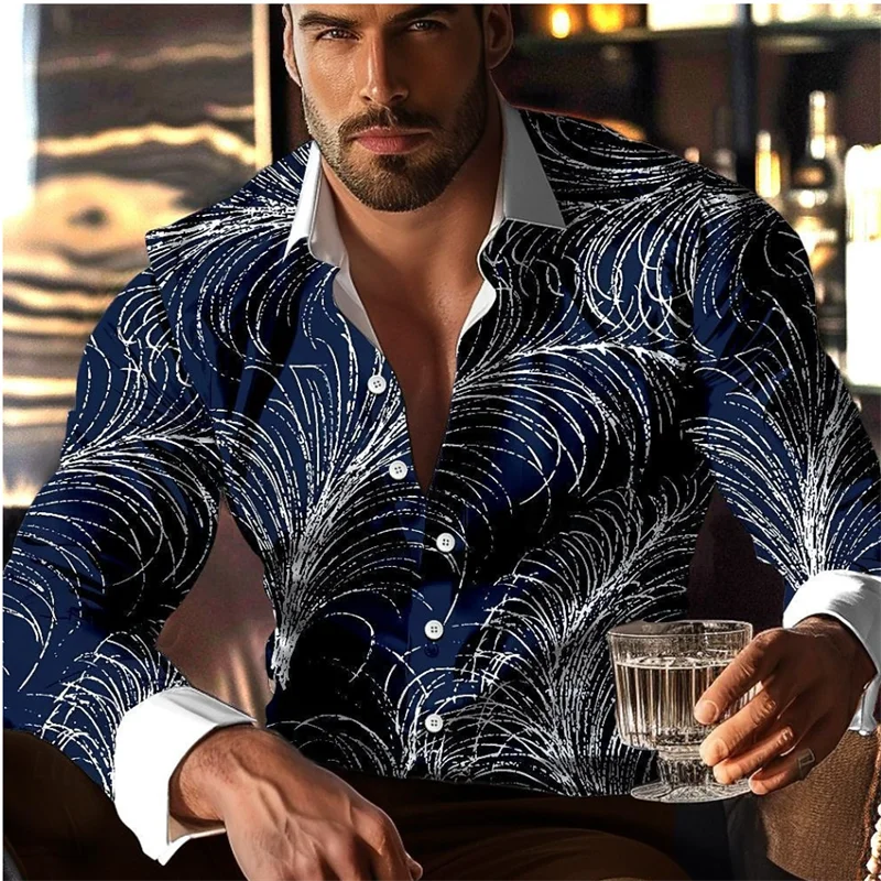 

Рубашка мужская с абстрактным линейным принтом, блуза с длинным рукавом, с отложным воротником, в повседневном и деловом стиле, цвет темно-синий, 6XL, весна-лето