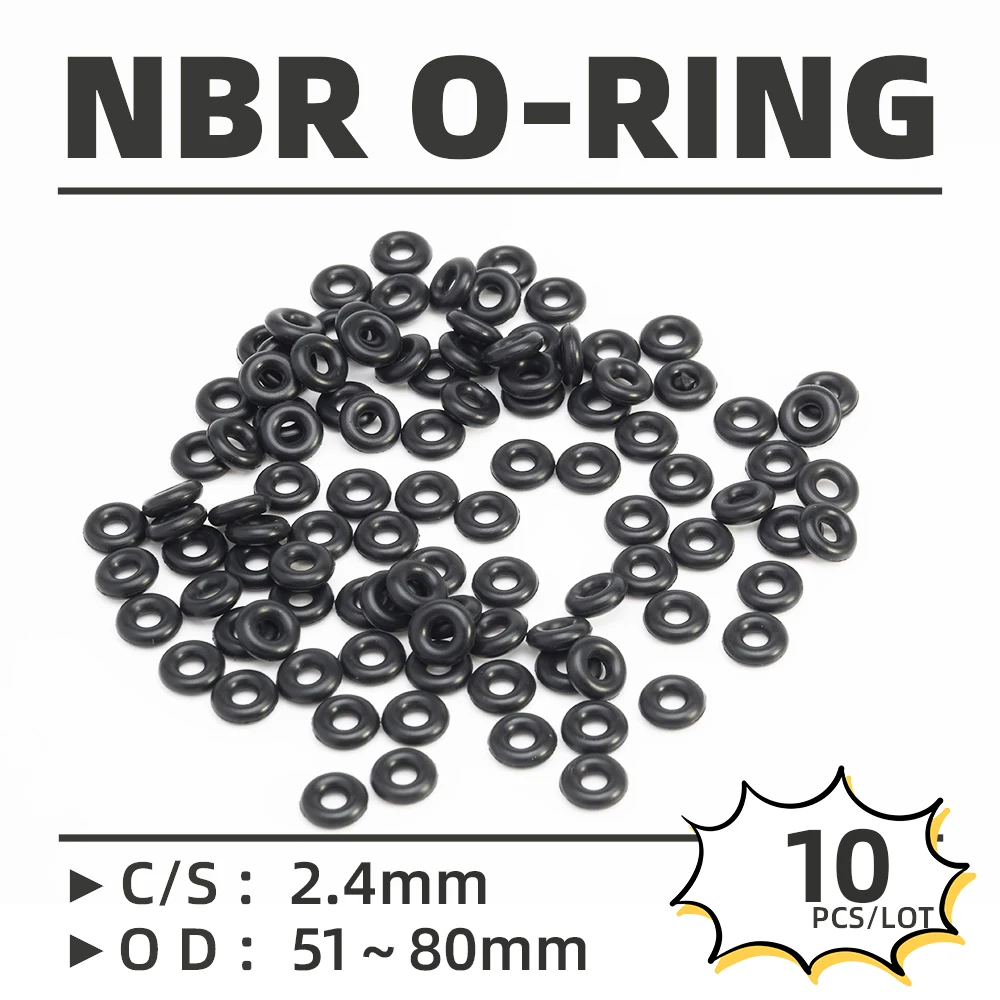 

10PCS/Lot Rubber Black NBR CS 2.4mm OD 51/54/55/56/57/58/59/60/63/64/65/68/70/72/75/78 mm O Ring Gasket Oil Resistant Waterproof