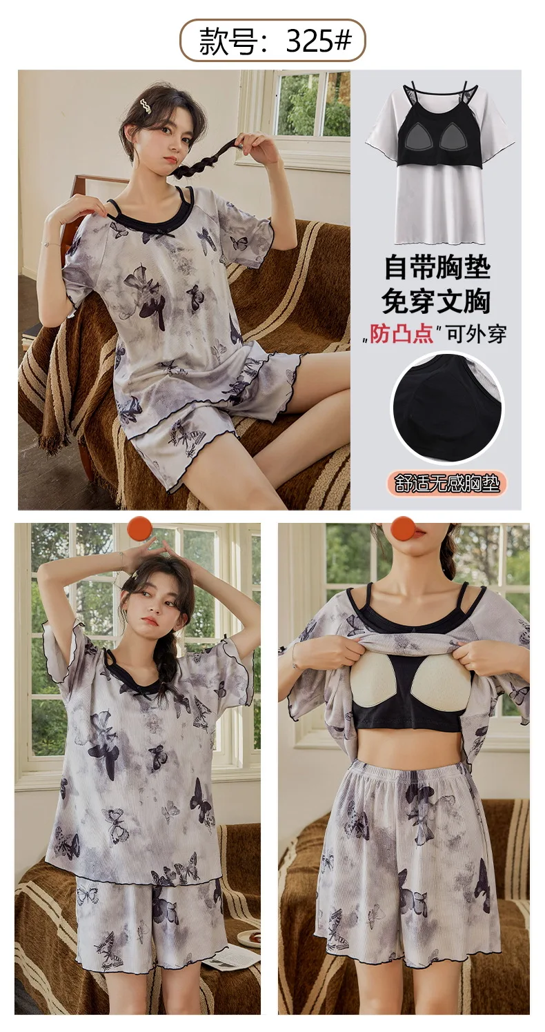 Sleepwear Women Ice silk Pajamas Set Print Nightwear with Bra Pad Young Girl Female Short Loungewear Casual Home Clothes 23 S2c0a95b3fe004cee99c37c70763194e4s