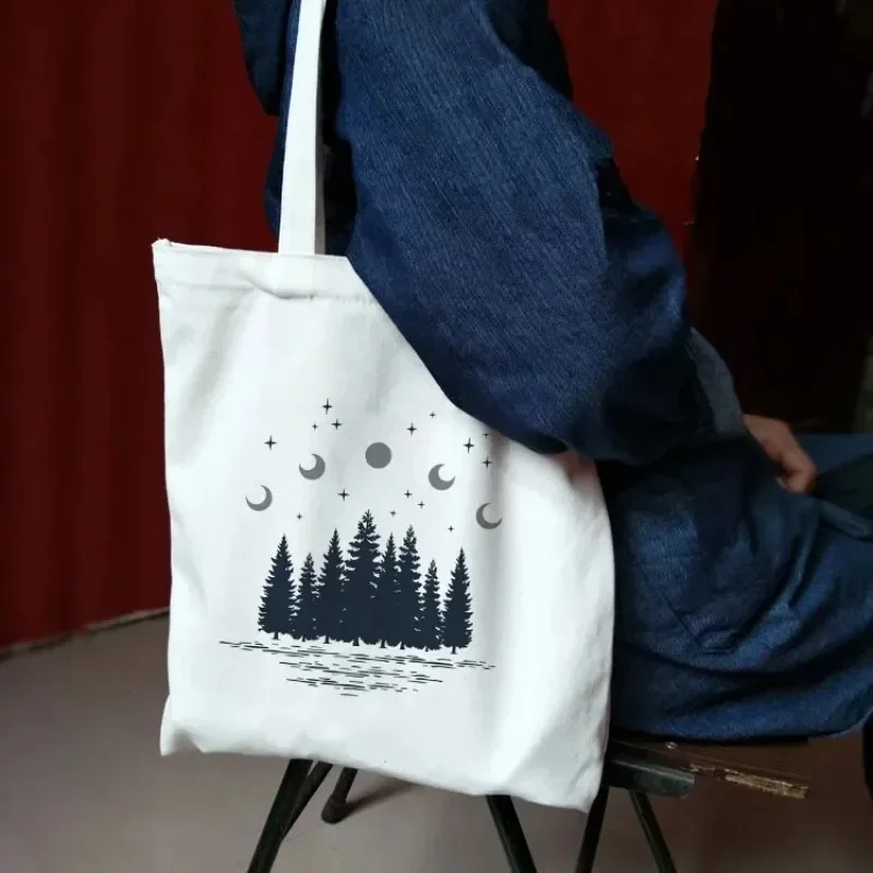 

Women Eco Reusable Shoulder Shopper Bags Bolsas De Tela Ladies Handbags Cloth Canvas Tote Bag Dark Forest Print Shopping Travel