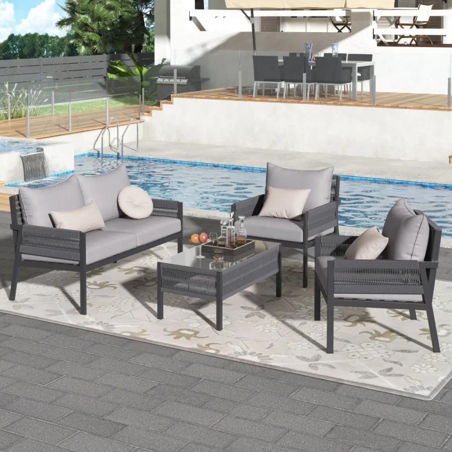 KK 4Piece Rope Patio Furniture Set Outdoor Furniture with Tempered Glass Table Patio Conversation Set Deep Seating with Thick C KK 4Piece Rope Patio Furniture Set Outdoor Furniture with Tempered Glass Table Patio Conversation Set Deep Seating with Thick C
