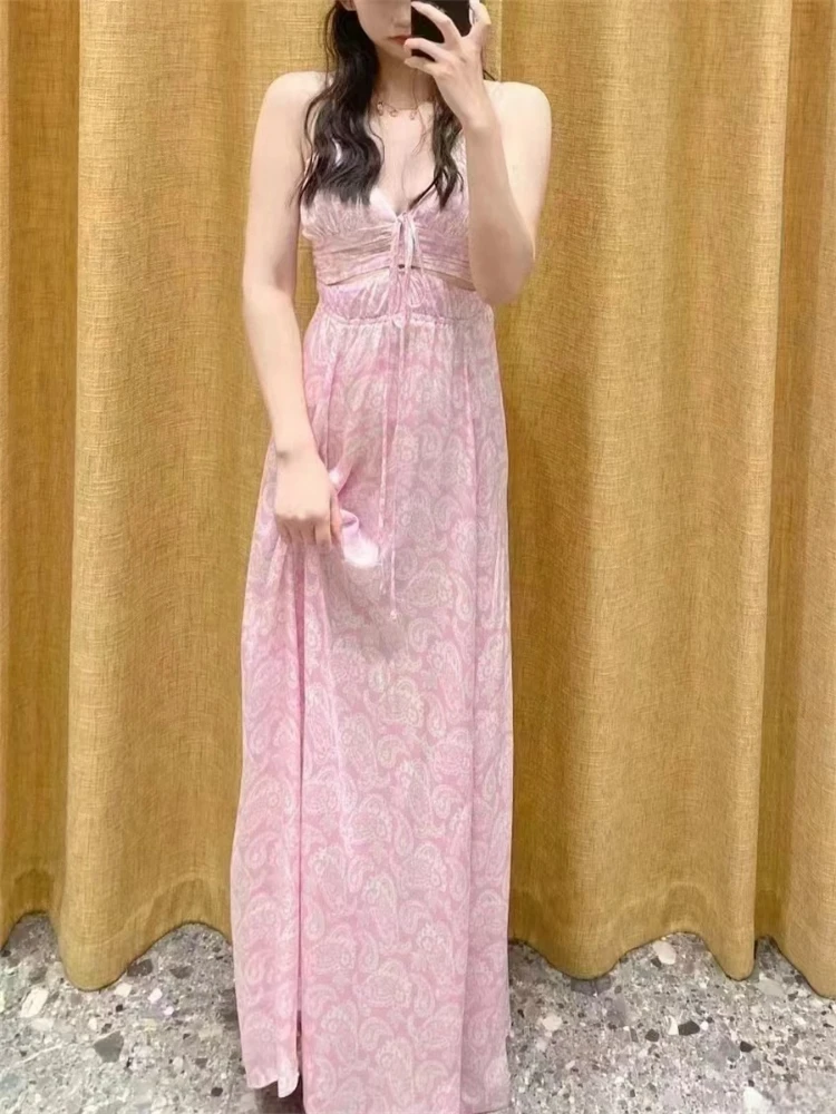 Women Floral Hanging Neck Dress Slit Holiday Style Lace-up V-neck Sleeveless Female Midi Robe Summer 2024
Women Floral Hanging Neck Dress Slit Holiday Style Lace-up V-neck Sleeveless Female Midi Robe Summer 2024