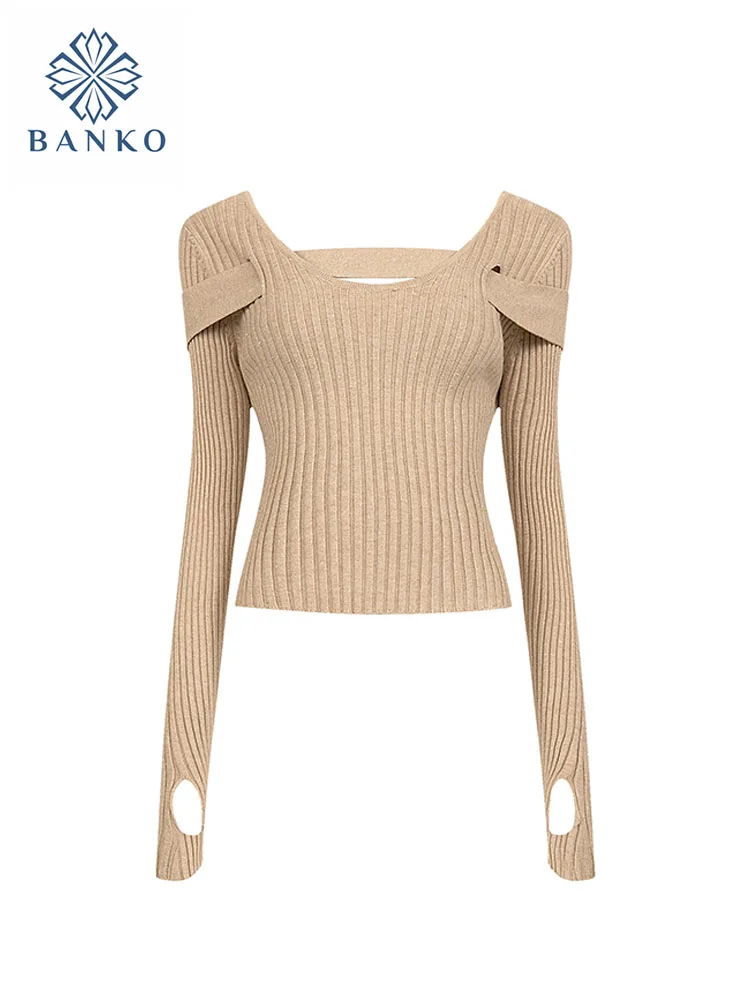

French Elegance Pullover Office Lady Autumn Winter Simple V-Neck Knitwear Jumper Ripped Hole Casual Thick Warm Sweater Classical