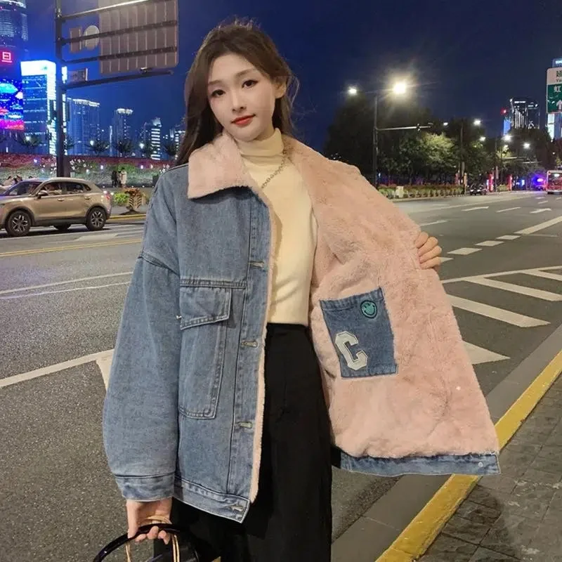 

Wearing Rabbit Fur and Cashmere Denim Cotton-Padded Coat On Both Sides Women Winter Padded Warm Loose Long Cotton-Padded Jacket