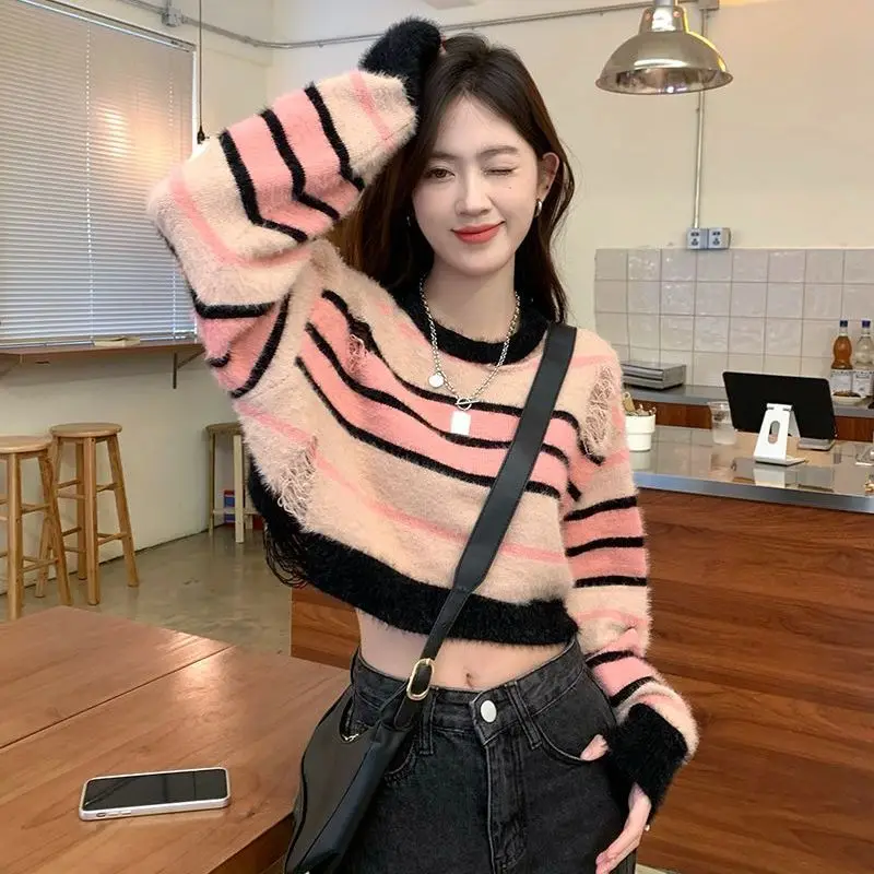 

Y2k Stripes Women Sweaters Hollow out Holes Korean Fashion Sweet Pull Femme Autumn Winter Loose Vintage Short Pullovers Tops