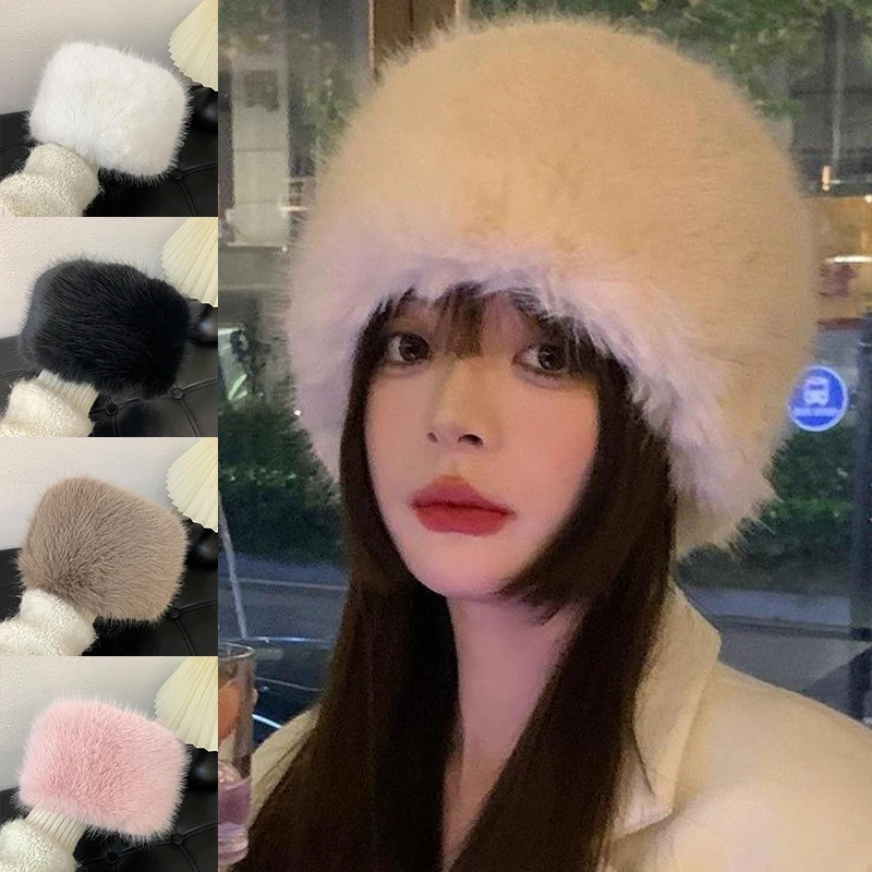 

Women Fake Faux Fur Beanies Fluffy Plush Headscarf Hat Solid Winter Warm Thick Outdoor Accessories Fashion Russian Photo Props