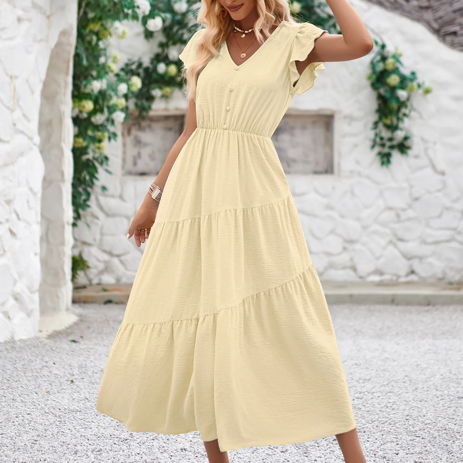 

Women's V Neck Dress Short Ruffle Sleeve Solid Color Shirred High Waist Ruffle Mini Dress Fresh Style Ruffle Layered Dresses