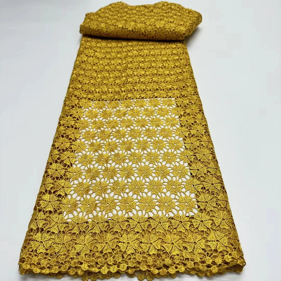 

Latest Gold African Guipure Cord Mesh Lace Fabric 2024 High Quality Nigerian Water Soluble Lace Fabric For Party Dress KR24126
