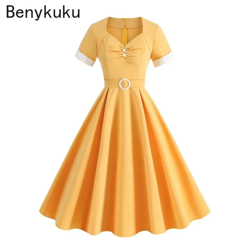 

Sweetheart Neck Ruched Vintage Midi Dress for Women Summer Button Front High Waist Party Elegant Swing Dresses Womans Clothing