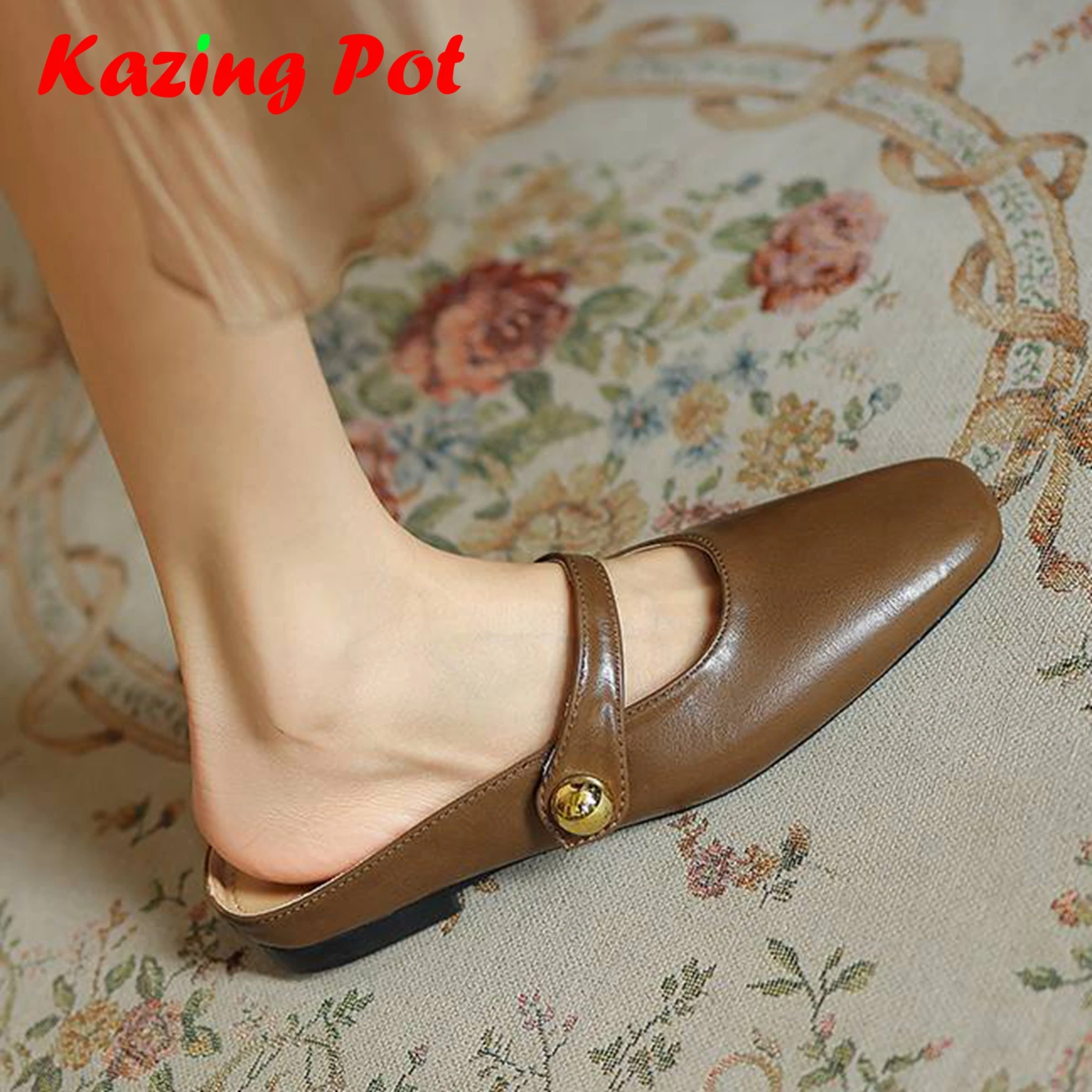 

Krazing Pot Full Grain Leather Mules Metal Circle Buckle Leisure Summer Shoes Square Toe Women Casual Fashion Outside Slippers