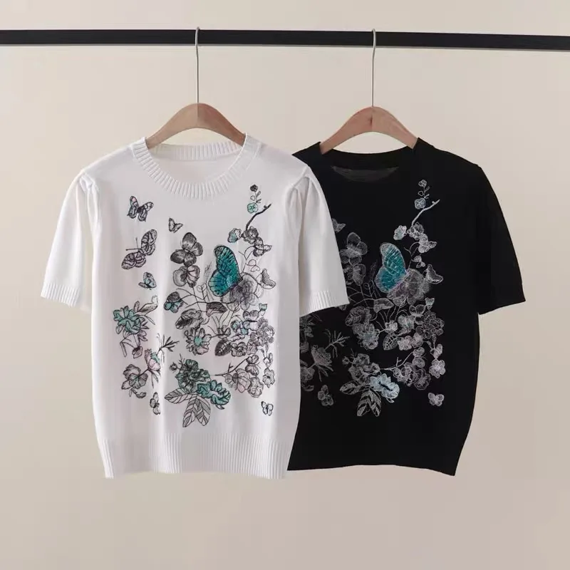 2024 Summer New Heavy Sting Embroidered Butterfly Flower Women's Top O-Neck Bubble Sleeves Ice Silk Knitted Top
2024 Summer New Heavy Sting Embroidered Butterfly Flower Women's Top O-Neck Bubble Sleeves Ice Silk Knitted Top
