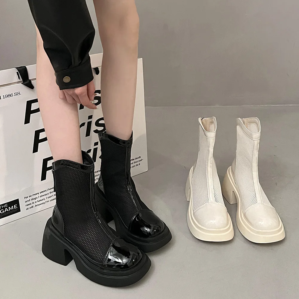 

Новинка лета-осень 2023, повседневные белые простые ботинки в британском стиле на толстой подошве, женские тонкие марлевые короткие ботинки