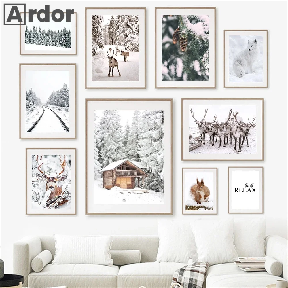 

Nordic Reindeer Squirrel White Bear Animal Art Painting Spruce Filbert Forest Canvas Print Winter Landscape Poster Home Decor