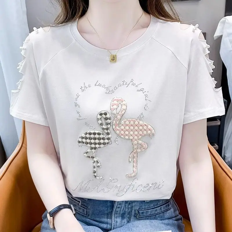 

Fashion O-Neck Diamonds Spliced Beading Hollow Out T-Shirts Women's Clothing 2024 Summer New Loose Casual Tops Korean Tee Shirt