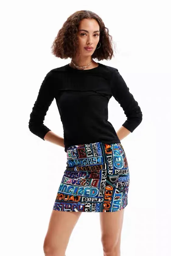 

Foreign Trade Original Spanish New Women's Halfskirt Contrast Letter Printing Elastic Mini Hip Wrap Skirt Sexy and Fash