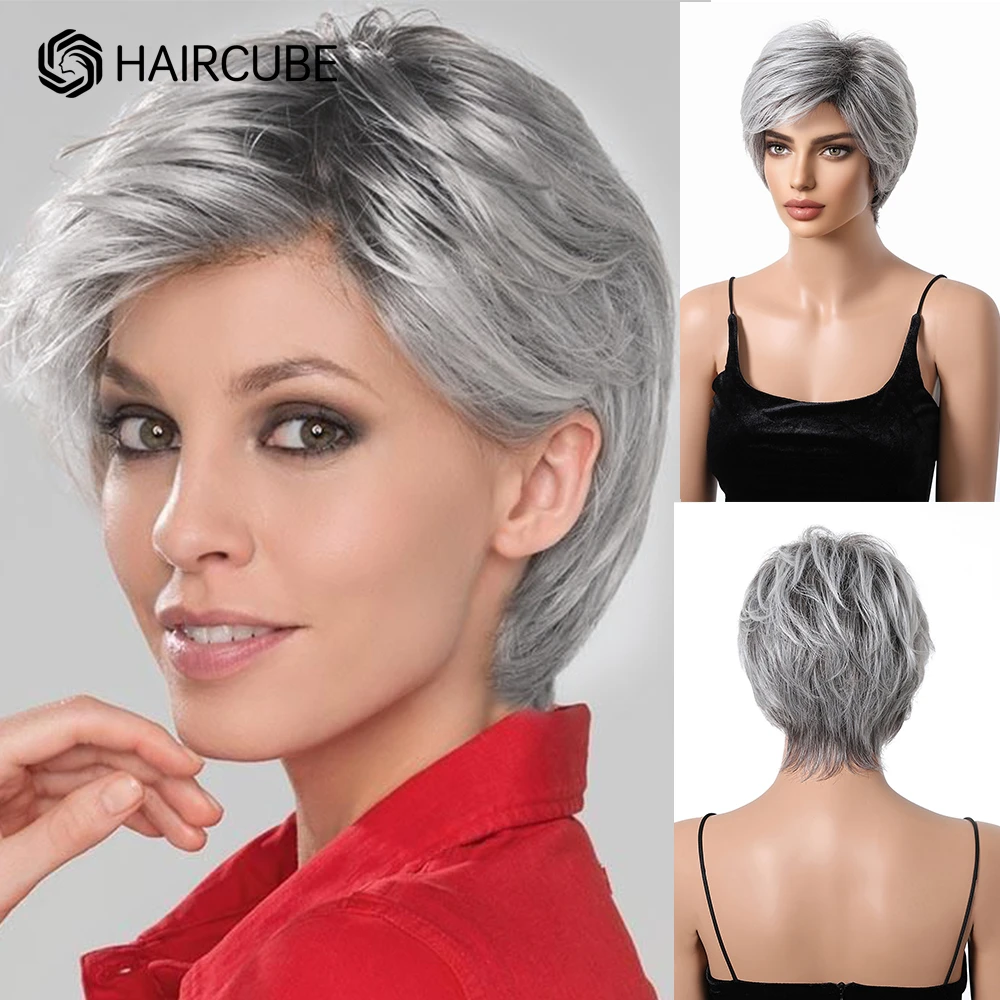 

Short Pixie Cut Human Hair Blend Wigs for Women Silver Gray Platinum Layered Bob Blend Human Hair Wigs with Bang Women Daily Wig