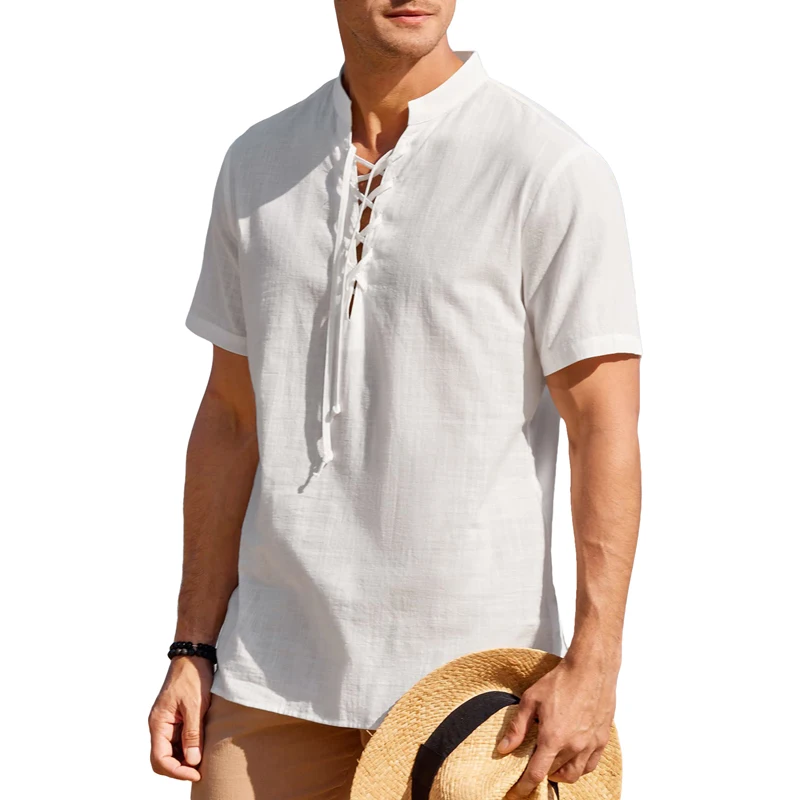 Men’s Summer Henley Shirts Lightweight Short Sleeve Cross Tie-up Front Solid Color Viking Shirt Beach Tops
Men’s Summer Henley Shirts Lightweight Short Sleeve Cross Tie-up Front Solid Color Viking Shirt Beach Tops