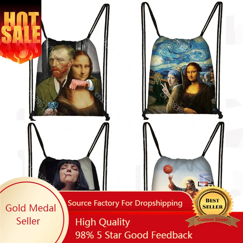 

funny Van Gogh Mona Lisa drawstring bag ladies storage bags women fashion backpack teenager girls party shopping bag