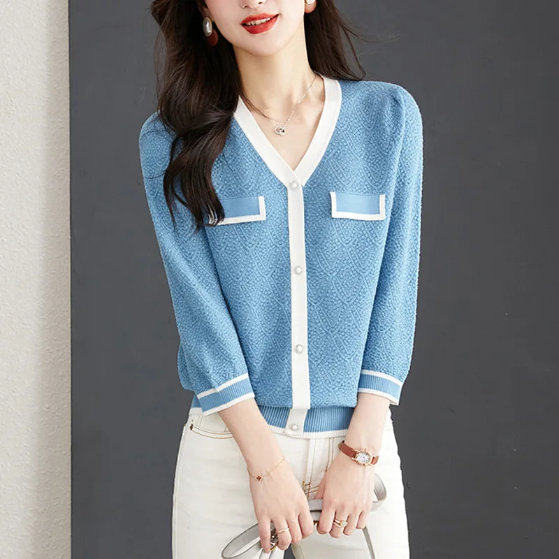 

Knitwear Ice silk Blouse Female 2024 Spring Autumn New V-neck Cropped Sleeves Loose Thin Western-style Top Female Sweater