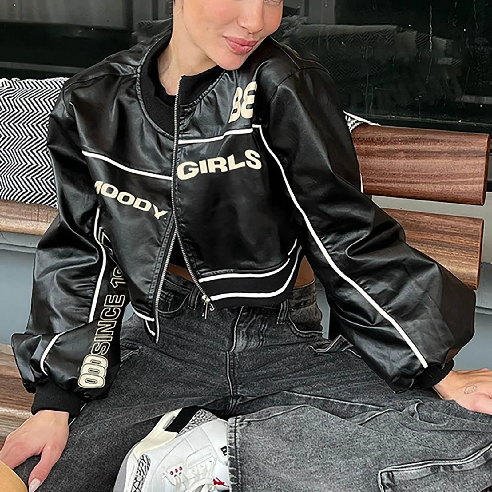 

Женская Повседневная мотоциклетная куртка с высоким поясом и надписью, модная верхняя одежда на молнии с воротником-стойкой, Топ с длинным рукавом, короткая женская одежда