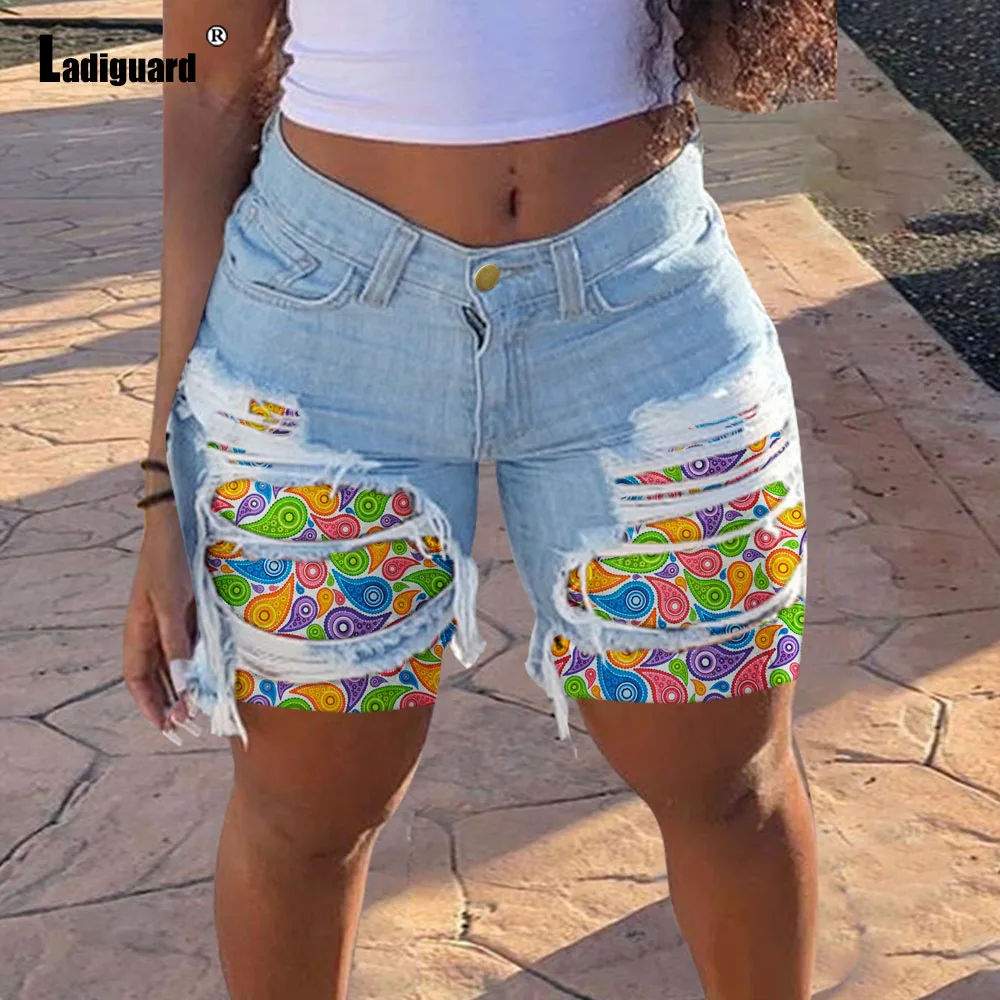 

2024 American and European Sexy Fashion Ripped Denim Shorts Women Patchwork Baggy Short Jeans Girls Vintage Print Basic Hotpants