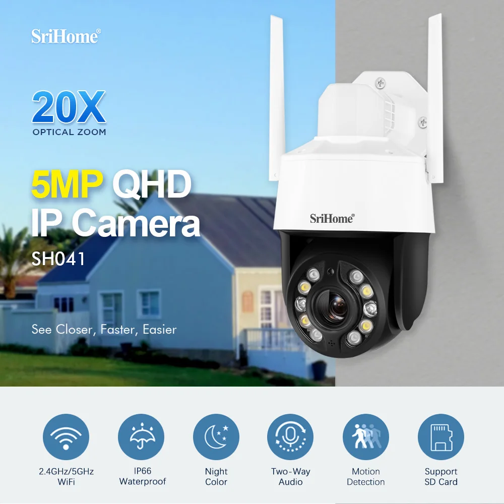 SriHome 5MP 20x Optical Zoom Camera High-definition Waterproof PTZ Camera 5G wiFi Full-color Monitor CCTV Human Tracking Cam
SriHome 5MP 20x Optical Zoom Camera High-definition Waterproof PTZ Camera 5G wiFi Full-color Monitor CCTV Human Tracking Cam