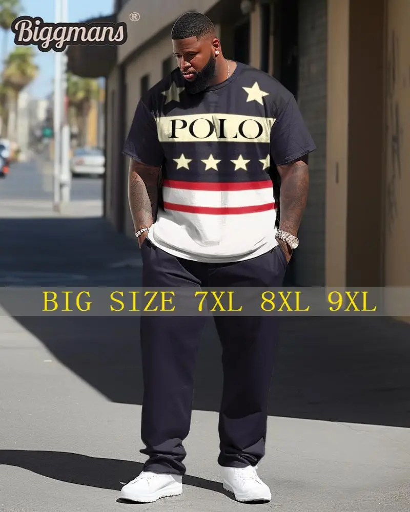 

Biggmans Polo Two Piece Sets T-Shirt for Men's Clothing Star Various Stripe Print Short Sleeves Pants Big Plus Size Suit L-9XL