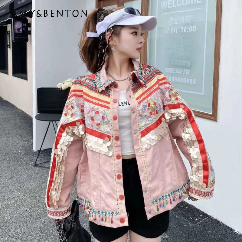 Popular Design Heavy Industry Ethnic Style Sequined Denim Jacket Women's Spring Autumn Pink Loose Top Fashion Brand Beaded Coat
Popular Design Heavy Industry Ethnic Style Sequined Denim Jacket Women's Spring Autumn Pink Loose Top Fashion Brand Beaded Coat