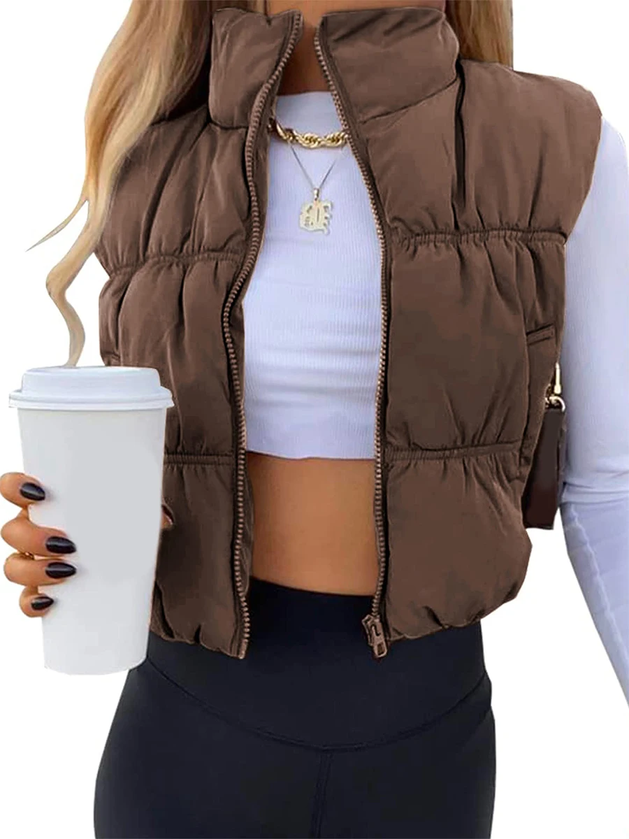 

Women s Winter Padded Down Vest Zip Up Stand Collar Cropped Puffer Gilet Jacket Sleeveless Padded Crop Puffy Vests