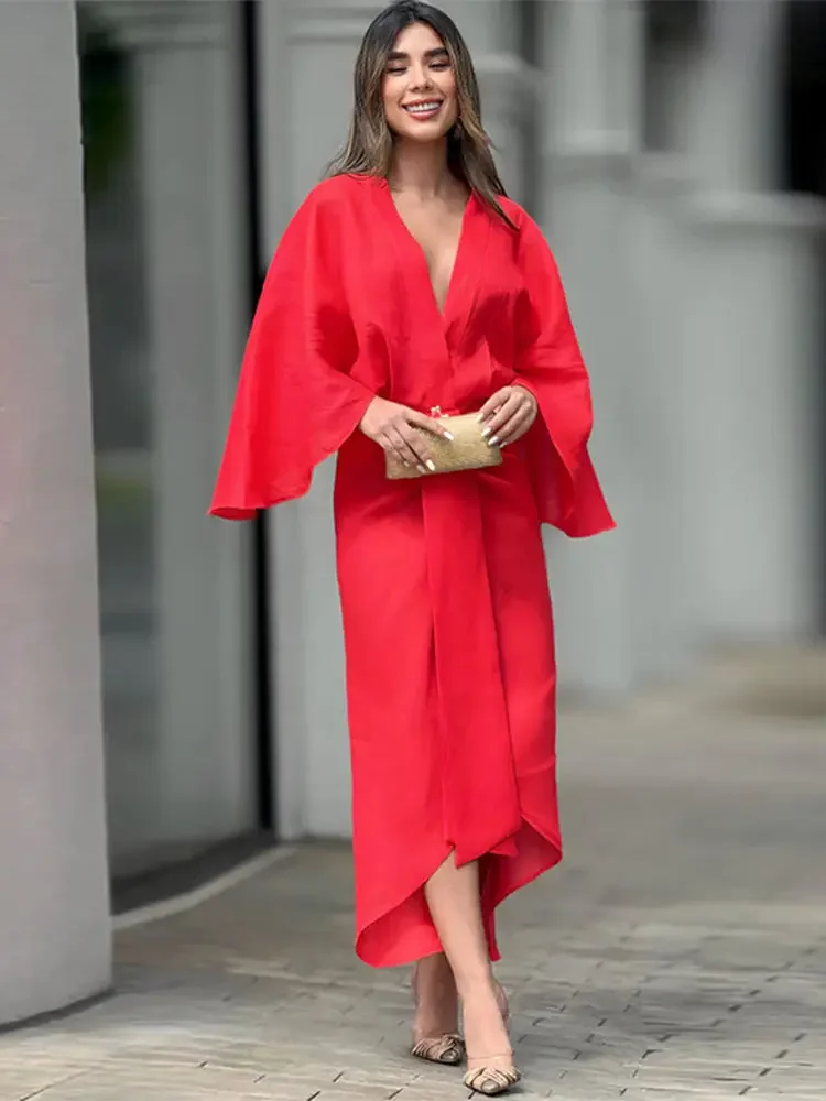 

2024 Spring NEW Women Chic Solid Long Flare Sleeves Pleated Midi Dress Casual Loose V-neck Irregular Hem Vestidos Ladies Robes