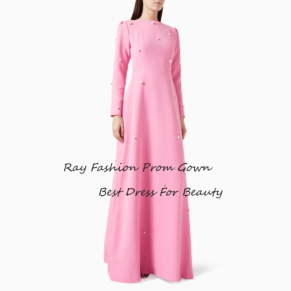 

Ray Fashion A Line Prom Dress Boat Neck Full Sleeves With Pearls Simple For Women Formal Occasions فساتين سهرة Saudi Arabia