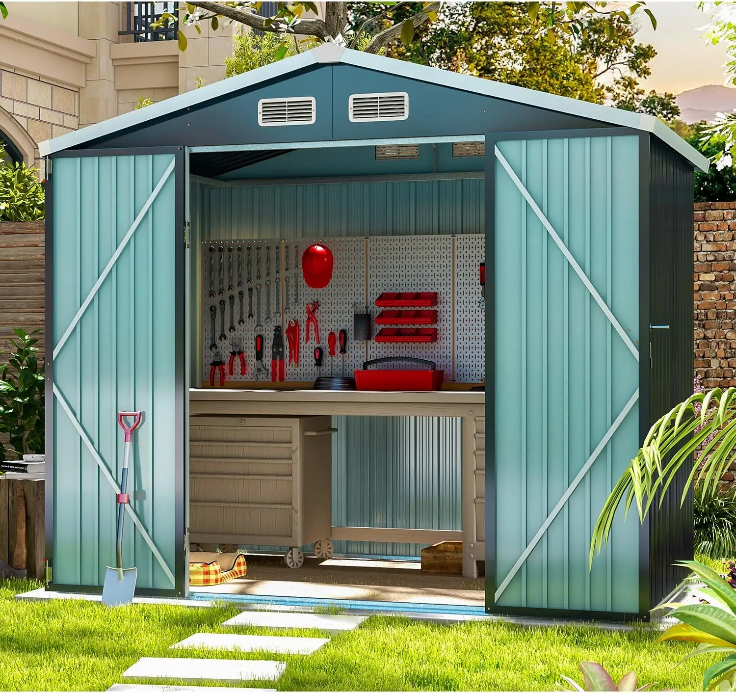 8x6 FT Outdoor Metal Storage , Steel Utility Tool Shed Storage with Lockable Doors, Outdoor Storage for Garden, Backyard, Black 
8x6 FT Outdoor Metal Storage , Steel Utility Tool Shed Storage with Lockable Doors, Outdoor Storage for Garden, Backyard, Black