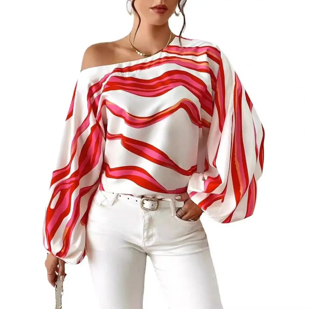 

Loose Fit Blouse Geometric Striped Print Lantern Sleeve Blouse for Women Loose Fit Pullover Top with Slash Neck Stylish Spring